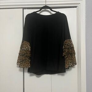 Jodifl Womens Black Knit Top Leopard Print Tiered Ruffle Bell Sleeve Blouse